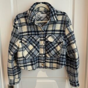 Zara cropped blue plaid jacket